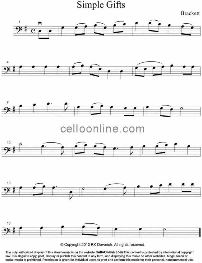 Cello Online Free Cello Sheet Music - Simple Gifts - a Shaker ...
