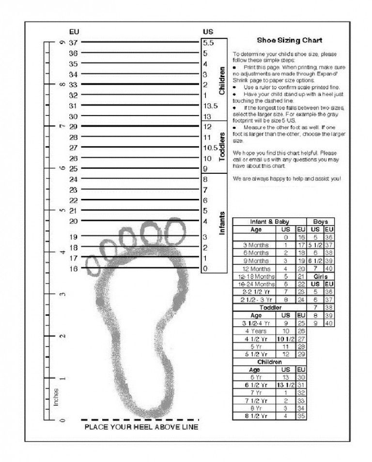 printable shoe size chart youth