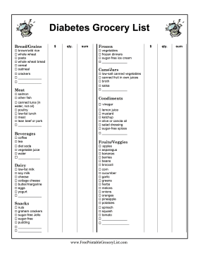 printable shopping list for diabetics