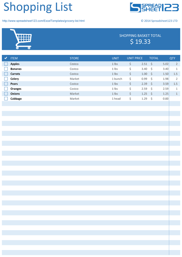 Printable Grocery List and Shopping List Templates for Excel