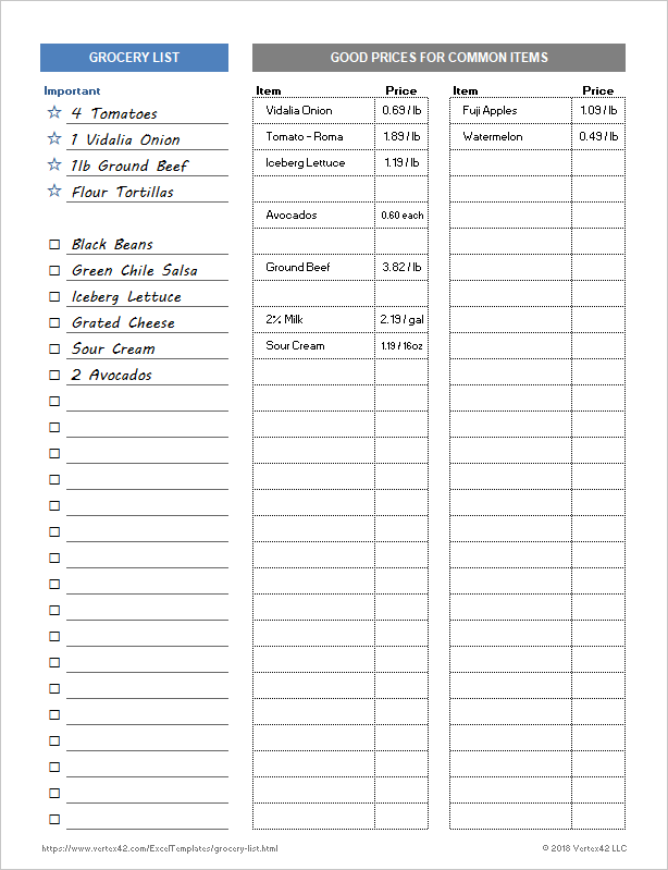 Grocery List and Shopping List Templates