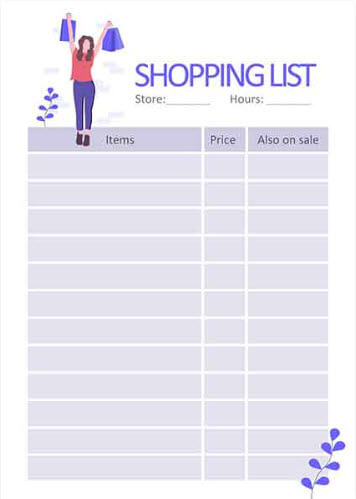 printable shopping list with prices