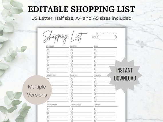 Editable Grocery List Printable Shopping List Printable Grocery ...