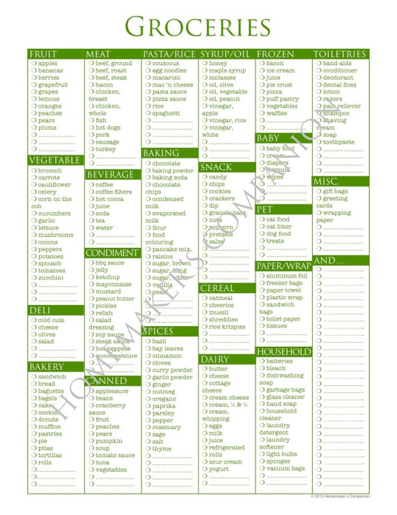 173 Item Customizable Printable Weekly Grocery Shopping List   UK