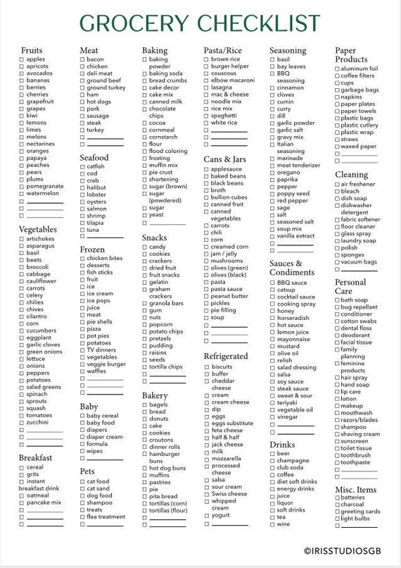 Grocery List Food Shopping List Printable, Digital Grocery List ...