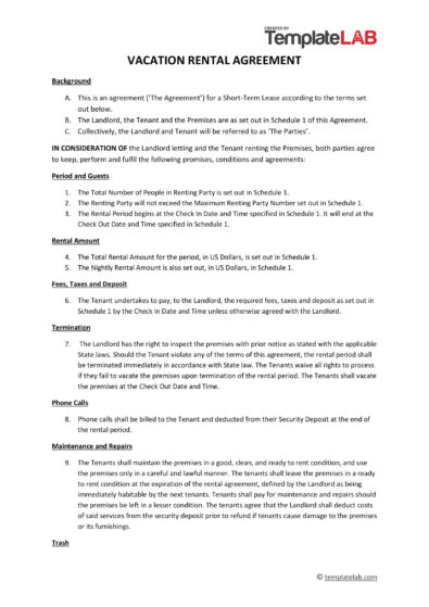 80 Short-Term &  Vacation Rental Agreement Templates [Word,PDF]