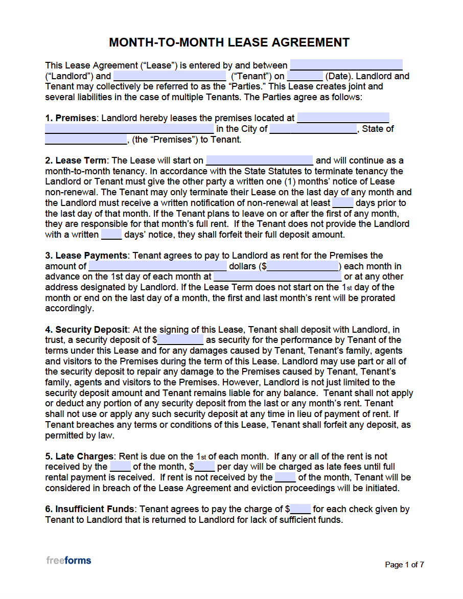 Free Month-to-Month Lease Agreement Templates | PDF | WORD