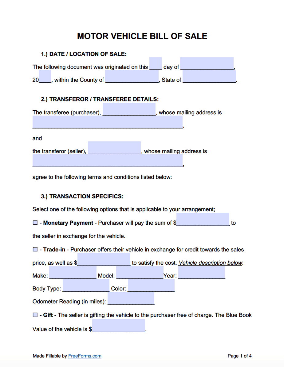 Free Motor Vehicle (DMV) Bill of Sale Form | PDF | WORD