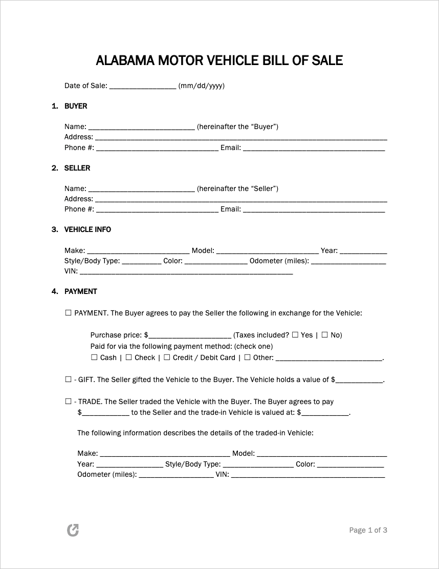 printable simple bill of sale car