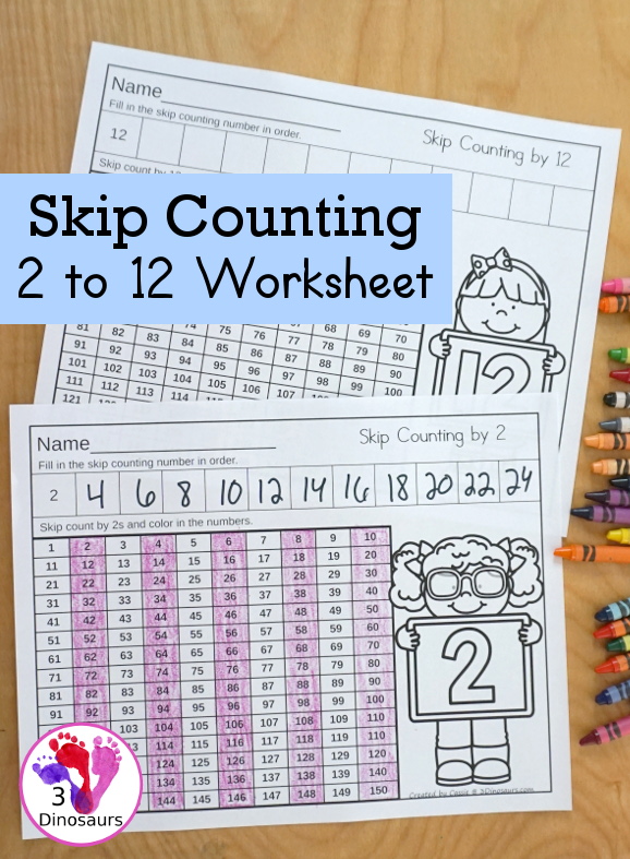 Free Skip Counting 2 to 12 No-Prep Worksheet - 3 Dinosaurs