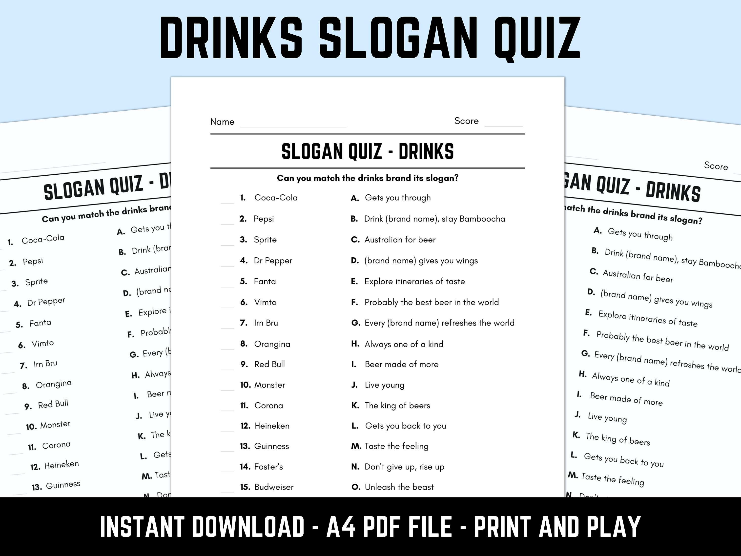 Printable Drinks Slogan Match Up Quiz With Answers