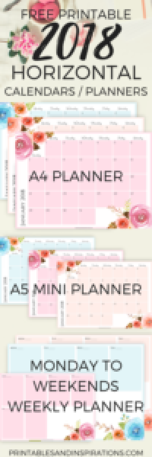 Free Pretty 2018 Horizontal Calendar And Floral Planner Printables ...