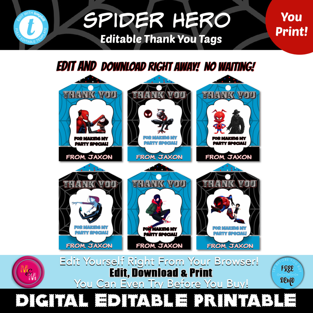 printable spiderman thank you tags