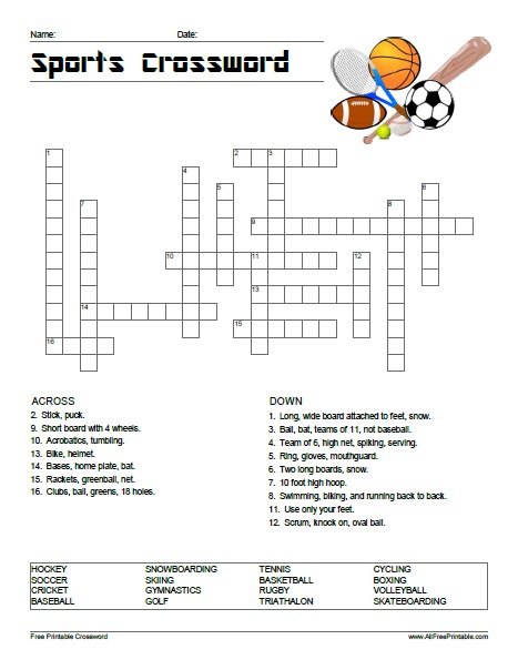 Sports Crossword Puzzle - Free Printable