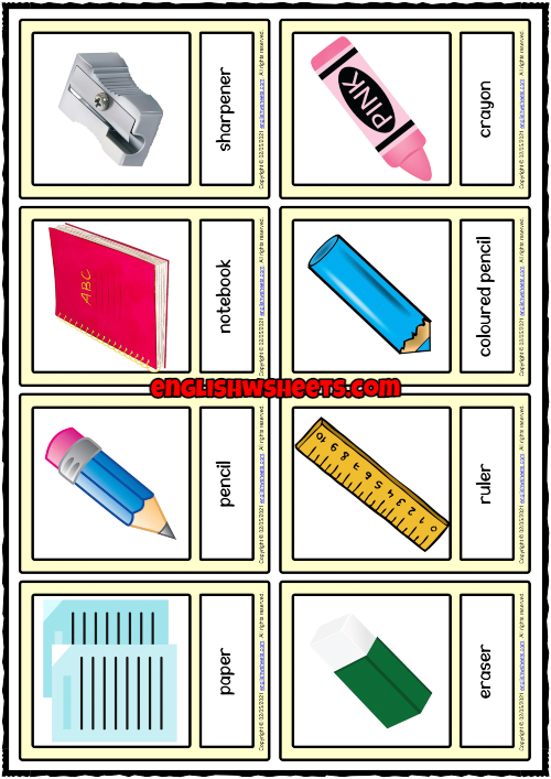Stationery Objects ESL Printable Vocabulary Learning Cards
