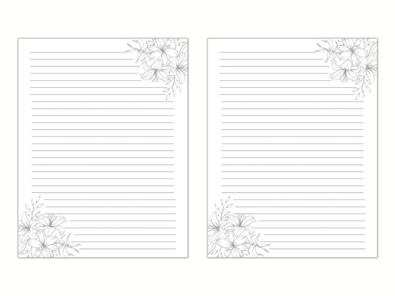 Black and White Floral Lined Paper, Printable Stationery Paper ...