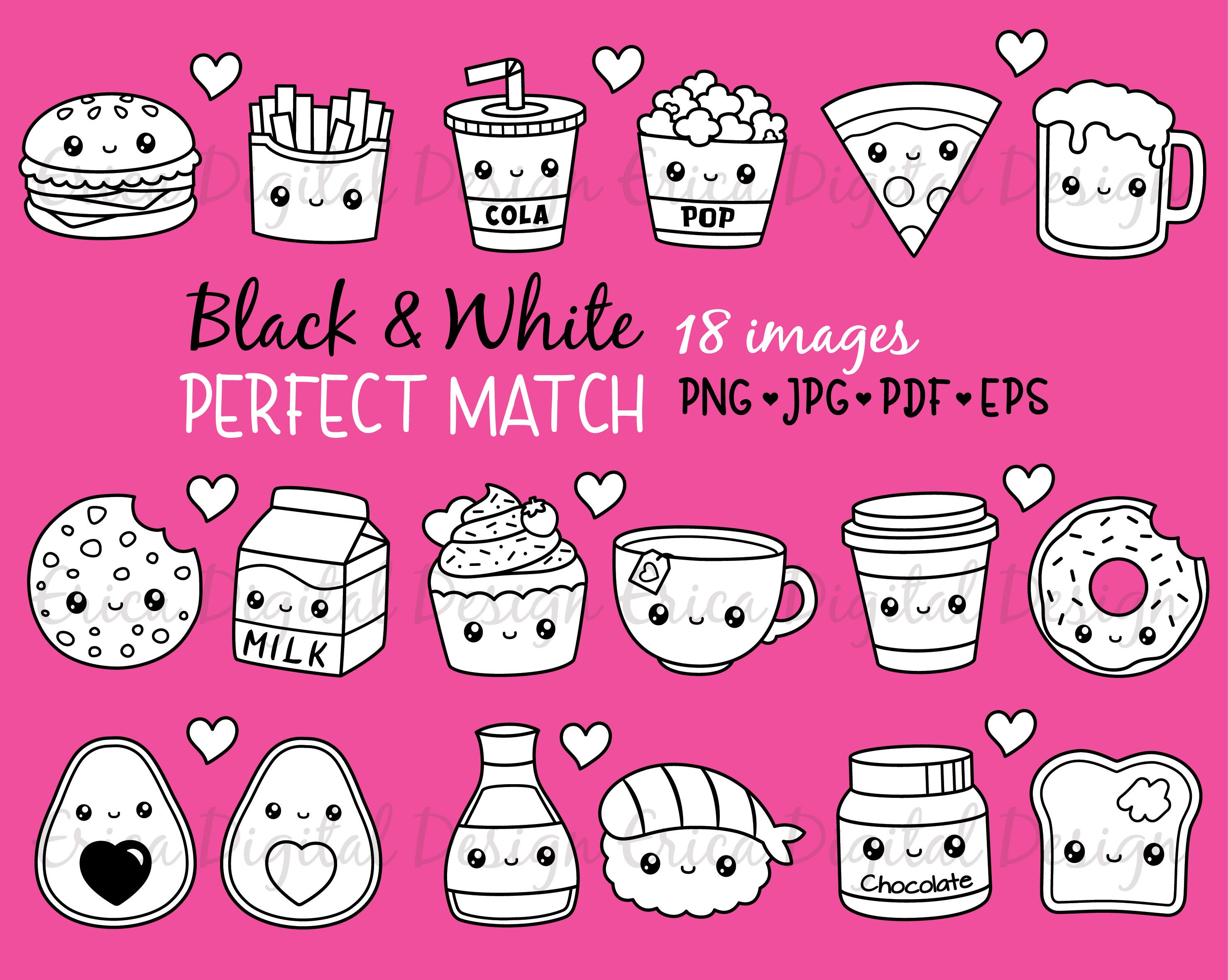 Perfect Match Kawaii Clipart Outline Black White Digital Stamp ...