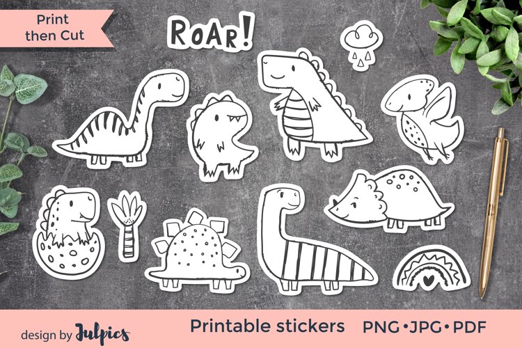Dinosaur stickers, Printable black and white set