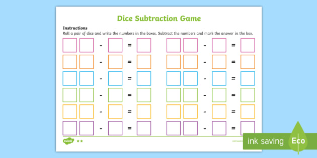 FREE! - Dice Game Subtraction Worksheet - Maths - F-2