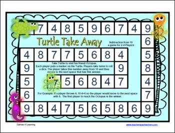 Ocean Animals Subtraction within 20 Games - Printable Math Board Games