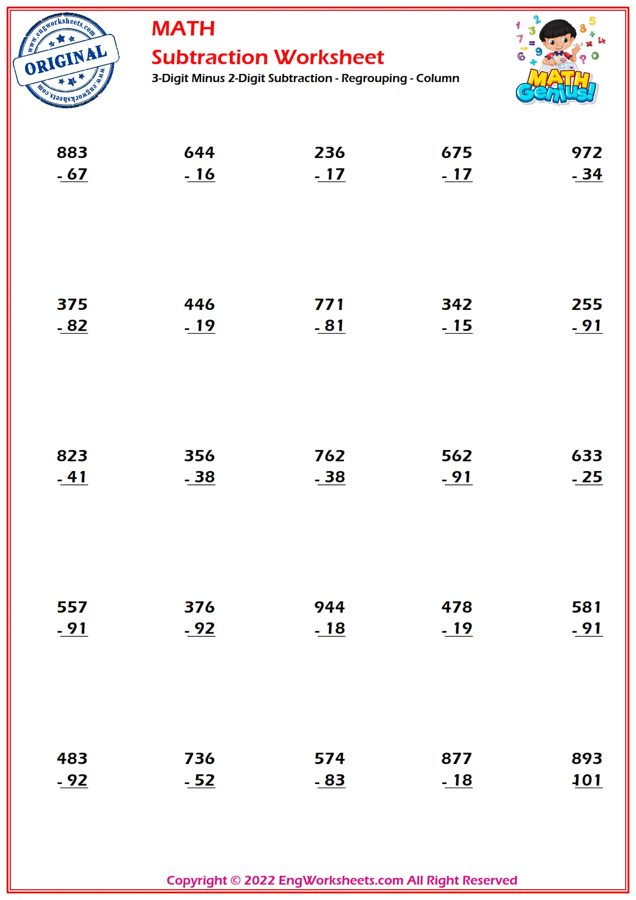 3-Digit Minus 2-Digit Subtraction - Regrouping Worksheets and ...