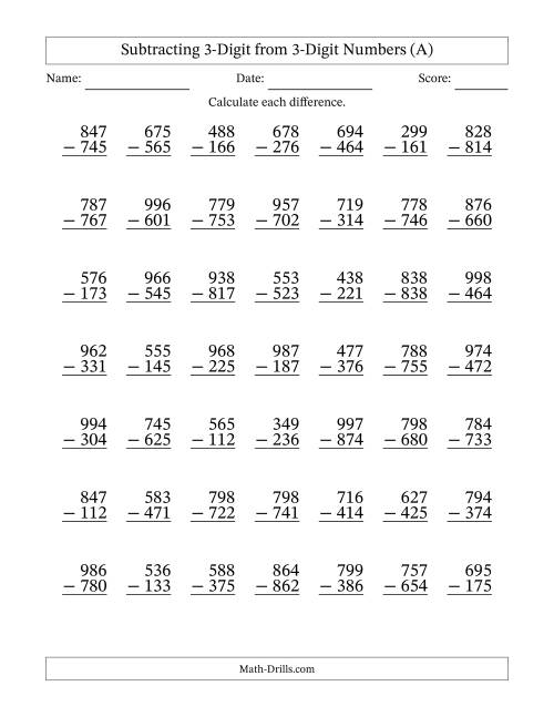 Subtracting 3-Digit from 3-Digit Numbers With No Regrouping (49 ...