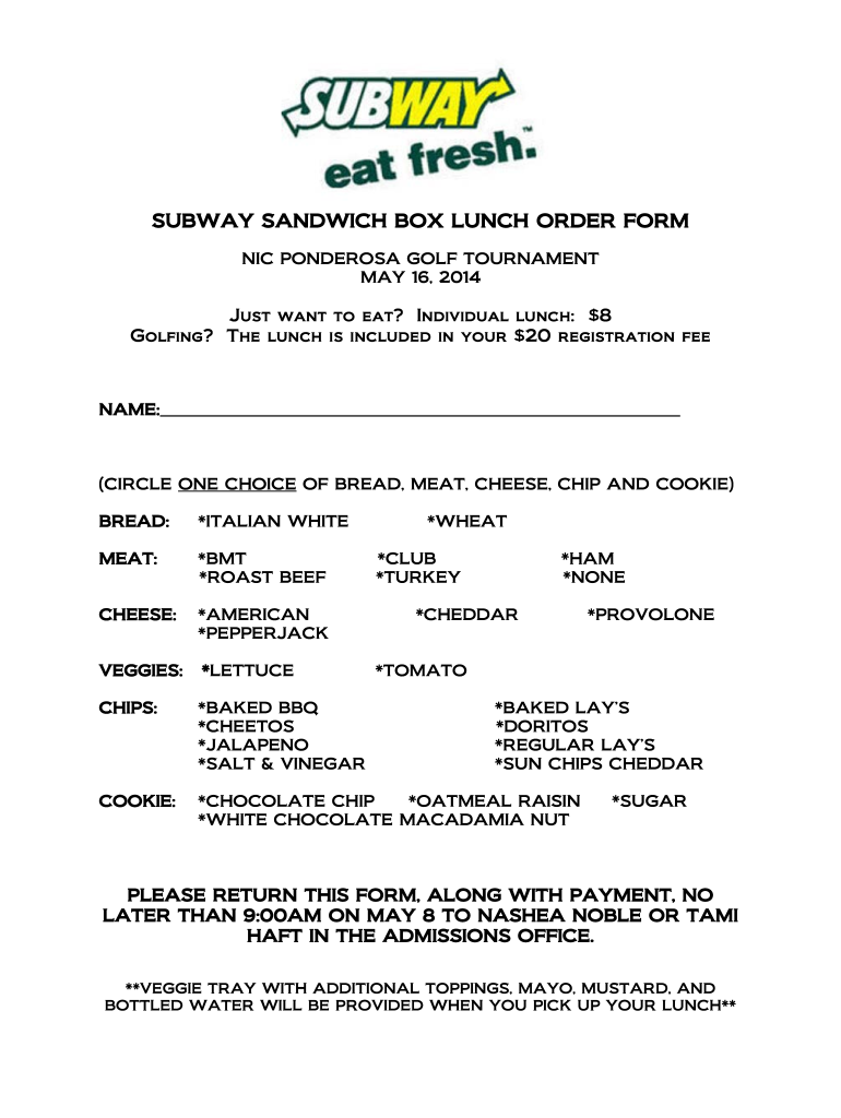 Subway Box Lunch Order Form - Fill Online, Printable, Fillable ...