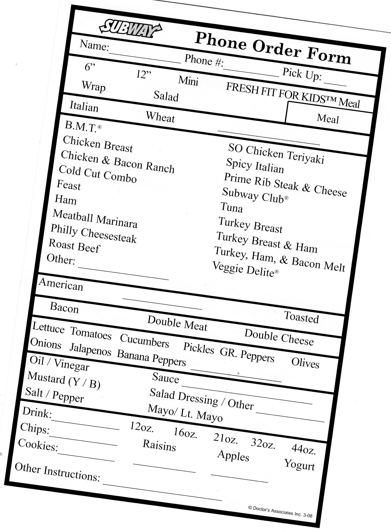 printable subway order forms