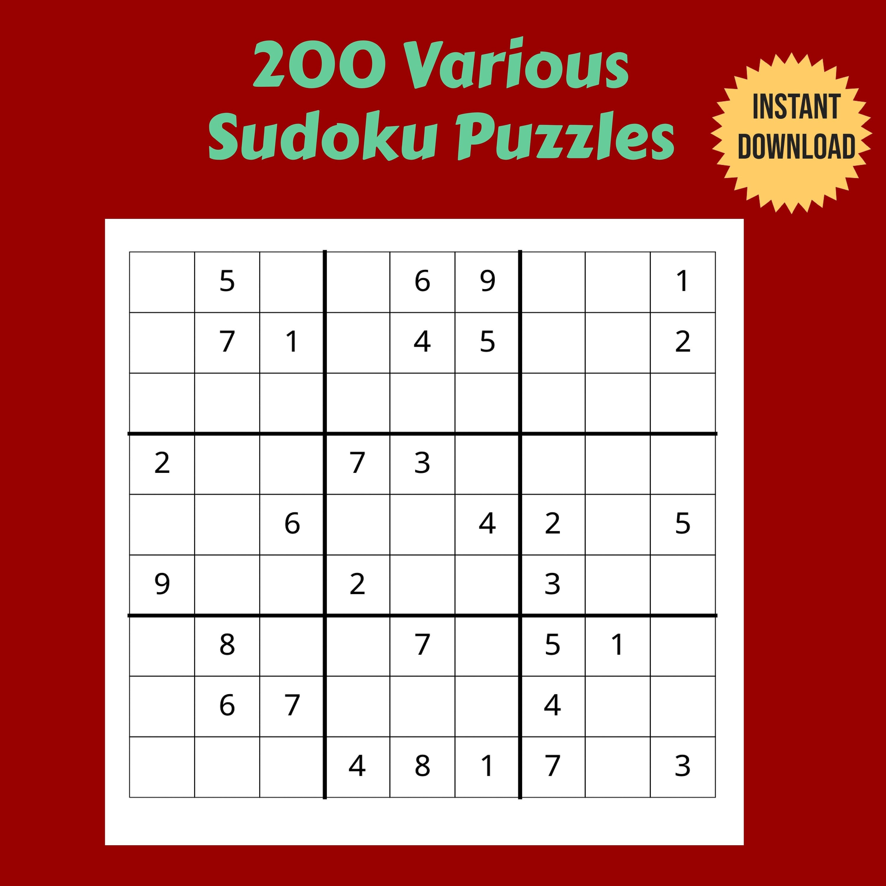 200 Variety of Printable Sudoku Puzzles Easy, Medium, and Hard  
