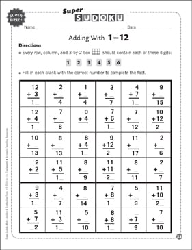Sudoku Puzzle: Adding With 1-12 (super-sized) | Printable Sudoku ...