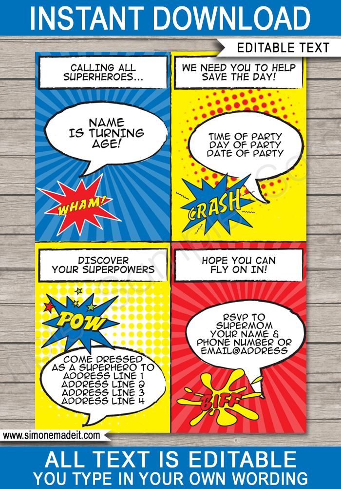 printable superhero party invitations