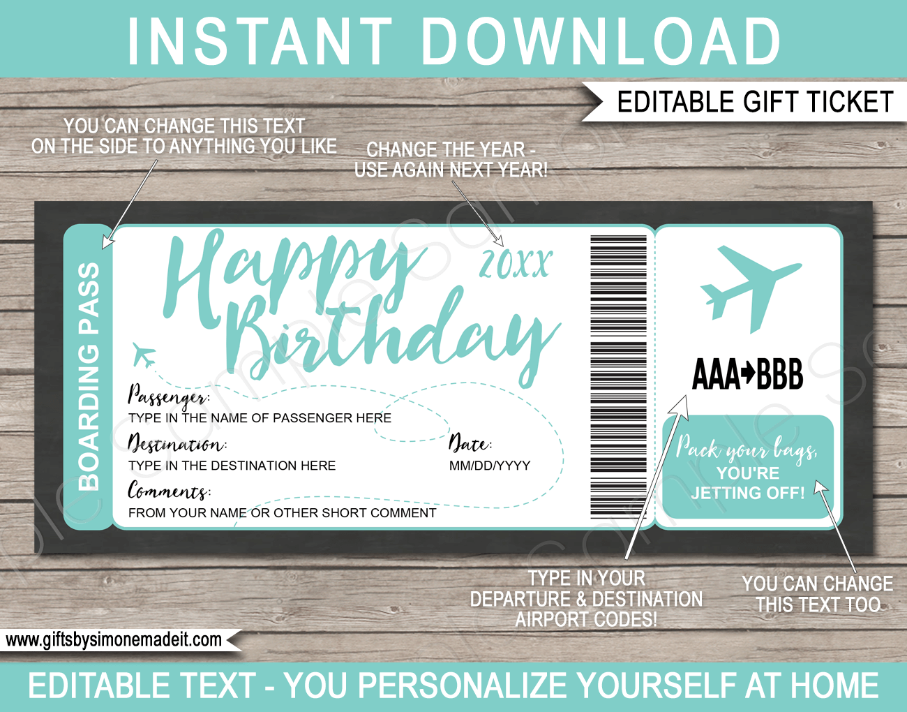 Birthday Surprise Trip Boarding Pass Gift Template | Fake Plane Ticket