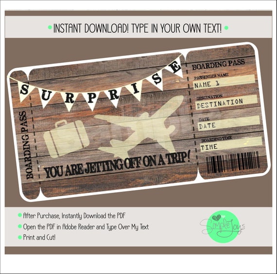 Printable Surprise Vacation Trip Boarding Pass Ticket Template ...