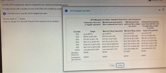 Solved Use the 2016 marginal tax rates to compute the tax | Chegg.com
