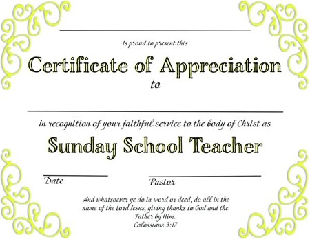 Certificate of Appreciation-Sunday School Teacher - PDF Download ...