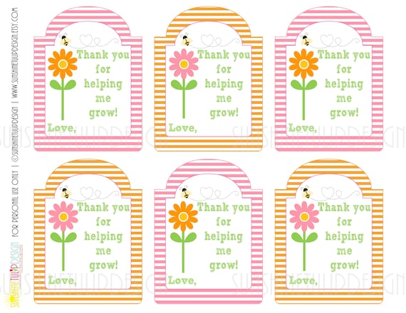 Printable Teacher Appreciation Gift Tags, Thank you for helping me Grow  Gift Tags, Pink and Orange Stripe Gift Tags by SUNSHINETULIPDESIGN