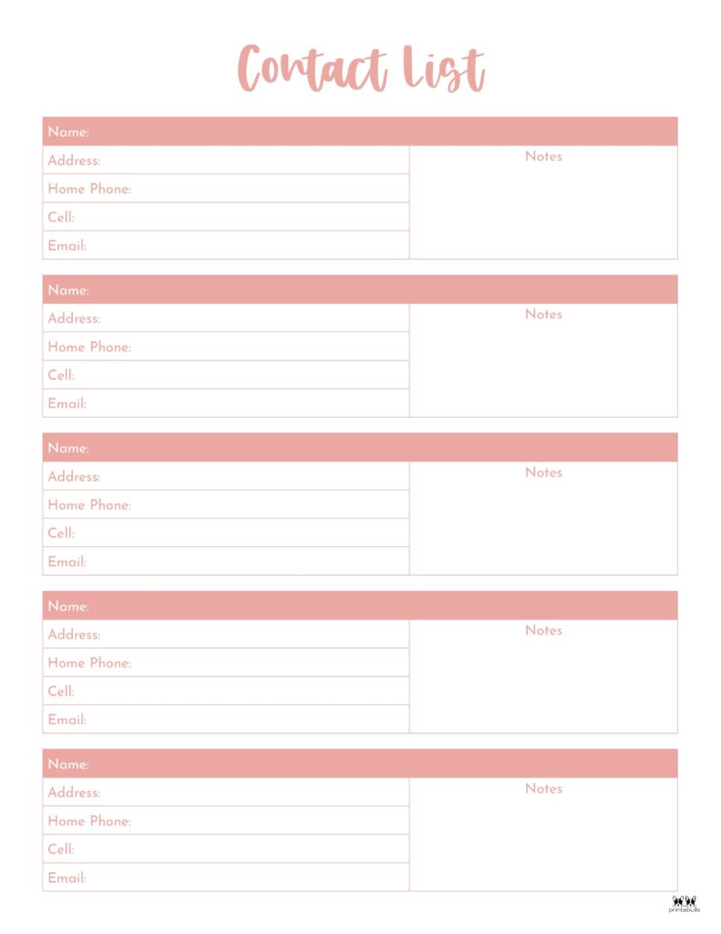 printable telephone list template