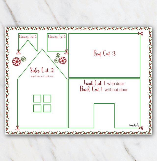 Printable gingerbread house template in red and green | Temploola.com
