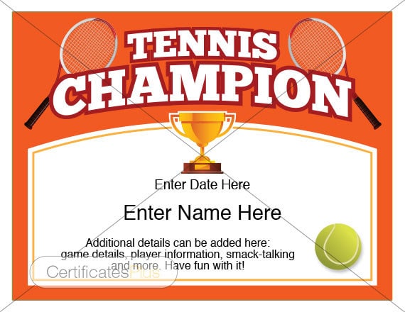 Tennis Certificate, Champion Award, Tennis Award Template, Tennis ...