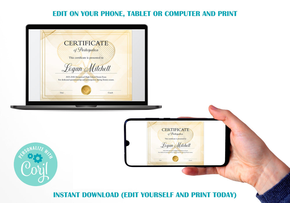 Editable Tennis Certificate, Customizable Printable Tennis Award ...