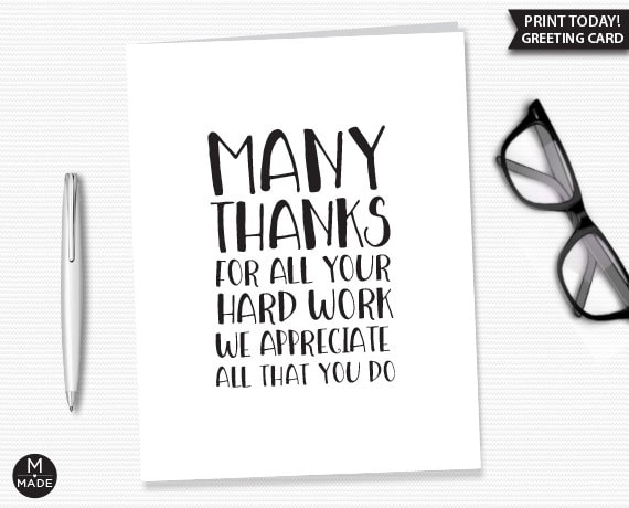 Thanks For All Your Hard Work Card, Printable, Employee Appreciation,  Employee Thank You Card, Office Appreciation, Printable Greeting Card