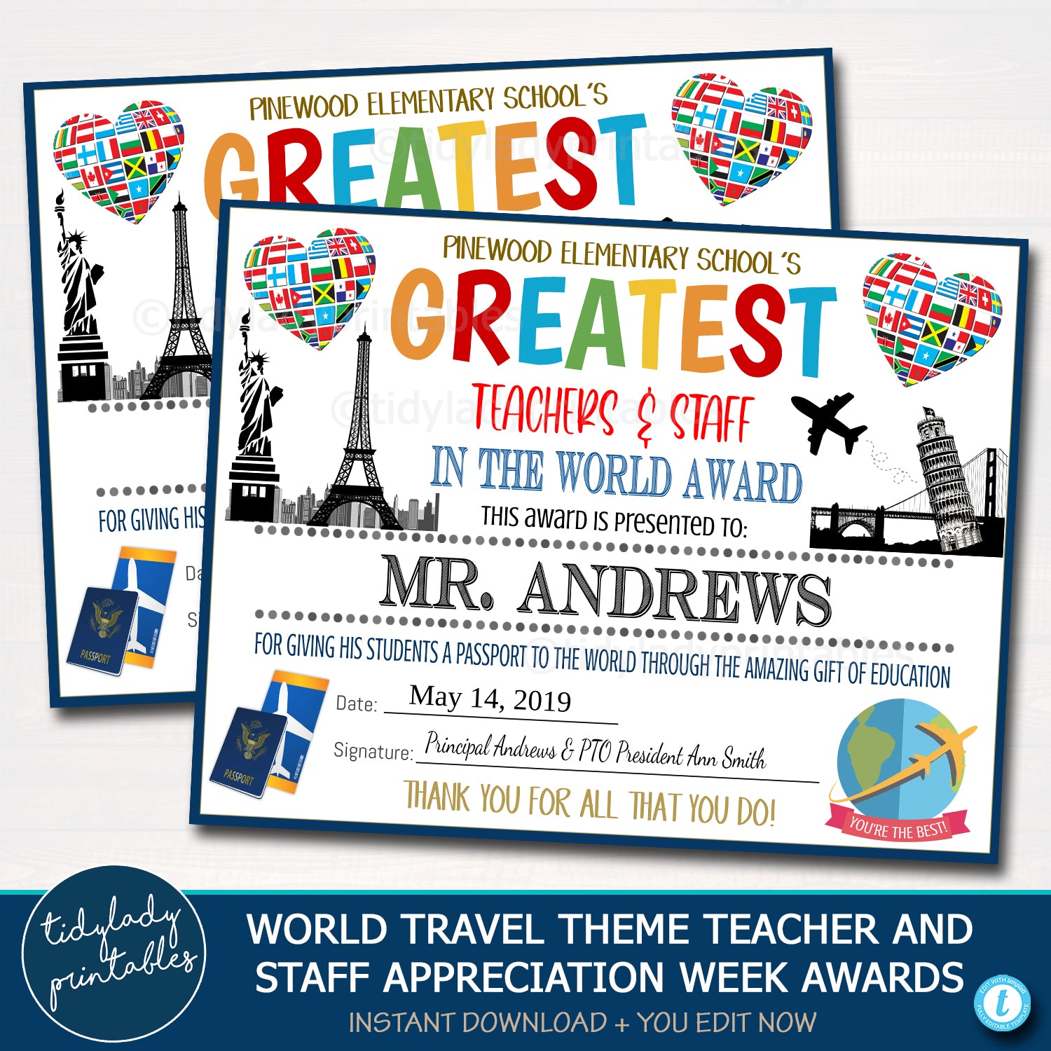 Around the World Theme Teacher Appreciation Week Certificate ...