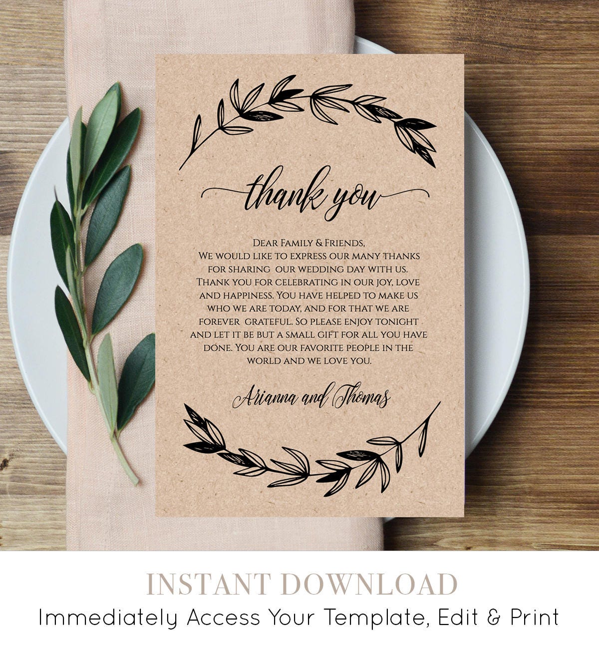 Printable Wedding Thank You Letter, Reception Thank You Note, in ...