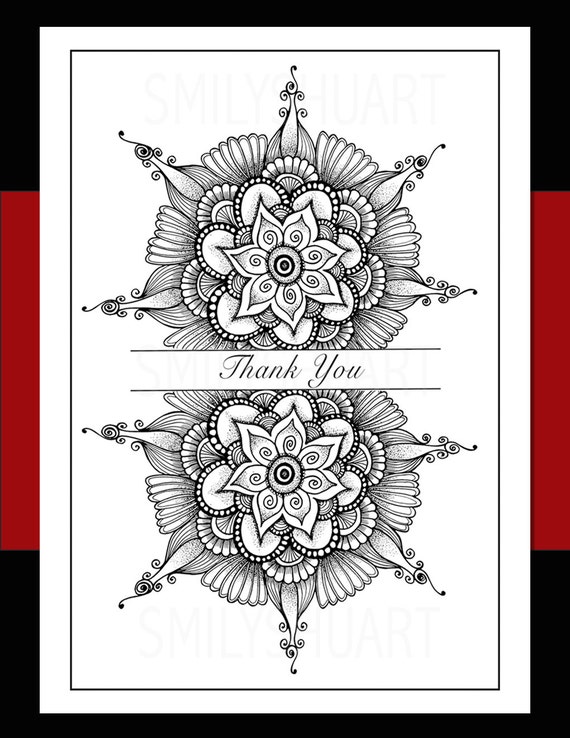 Printable Thank You Cards, DIY ThanksGiving or Holiday gift, Zentangle  Mandala Coloring Page, Wall Art, Tattoo, Henna Design Christmas Cards
