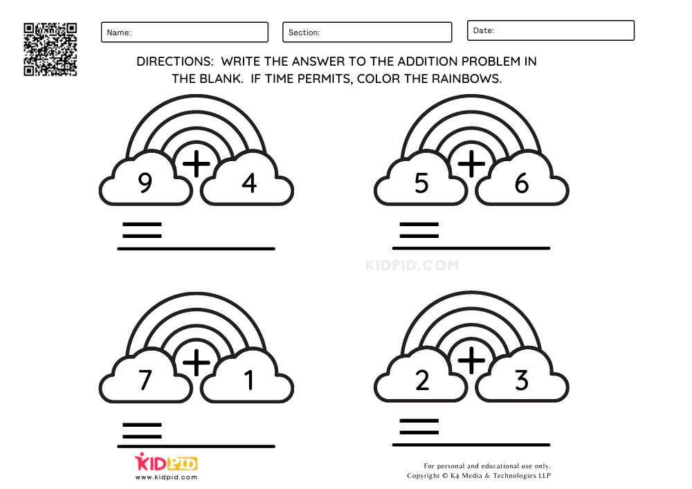 Rainbow Single Digit Addition Worksheets - Free Printables - Kidpid