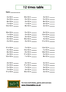 Free 12 times table worksheets at Timestables.co.uk
