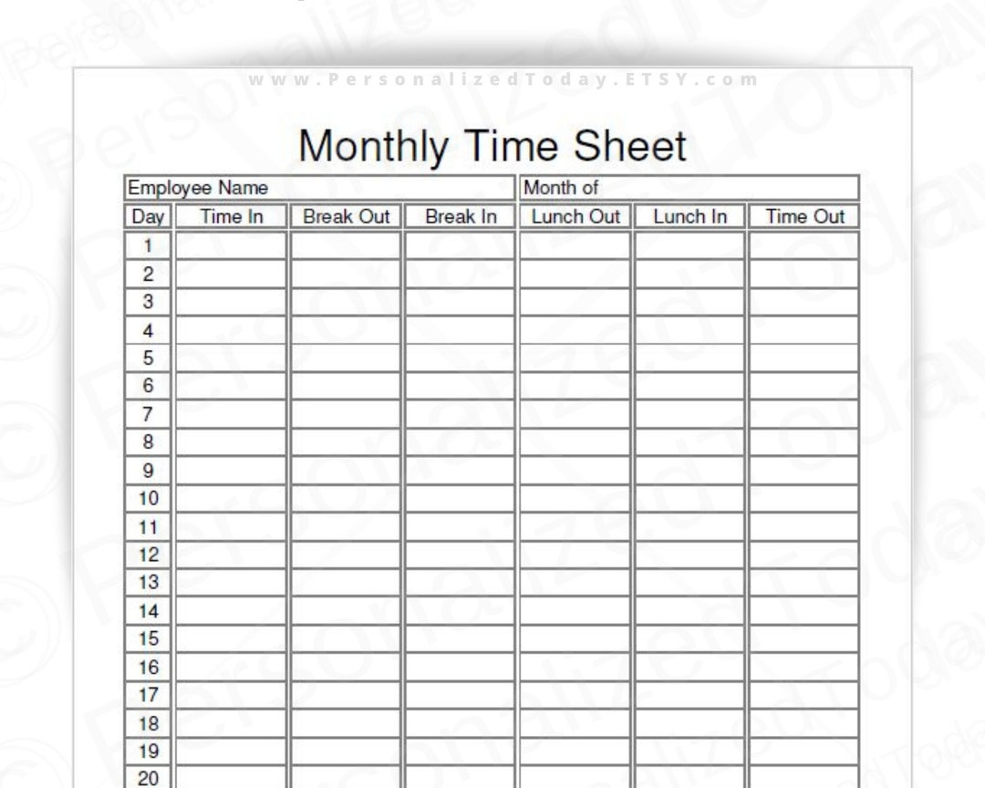 Monthly Employee Timesheet Fillable and Printable PDF Digital Download  Files US Letter Size  .de
