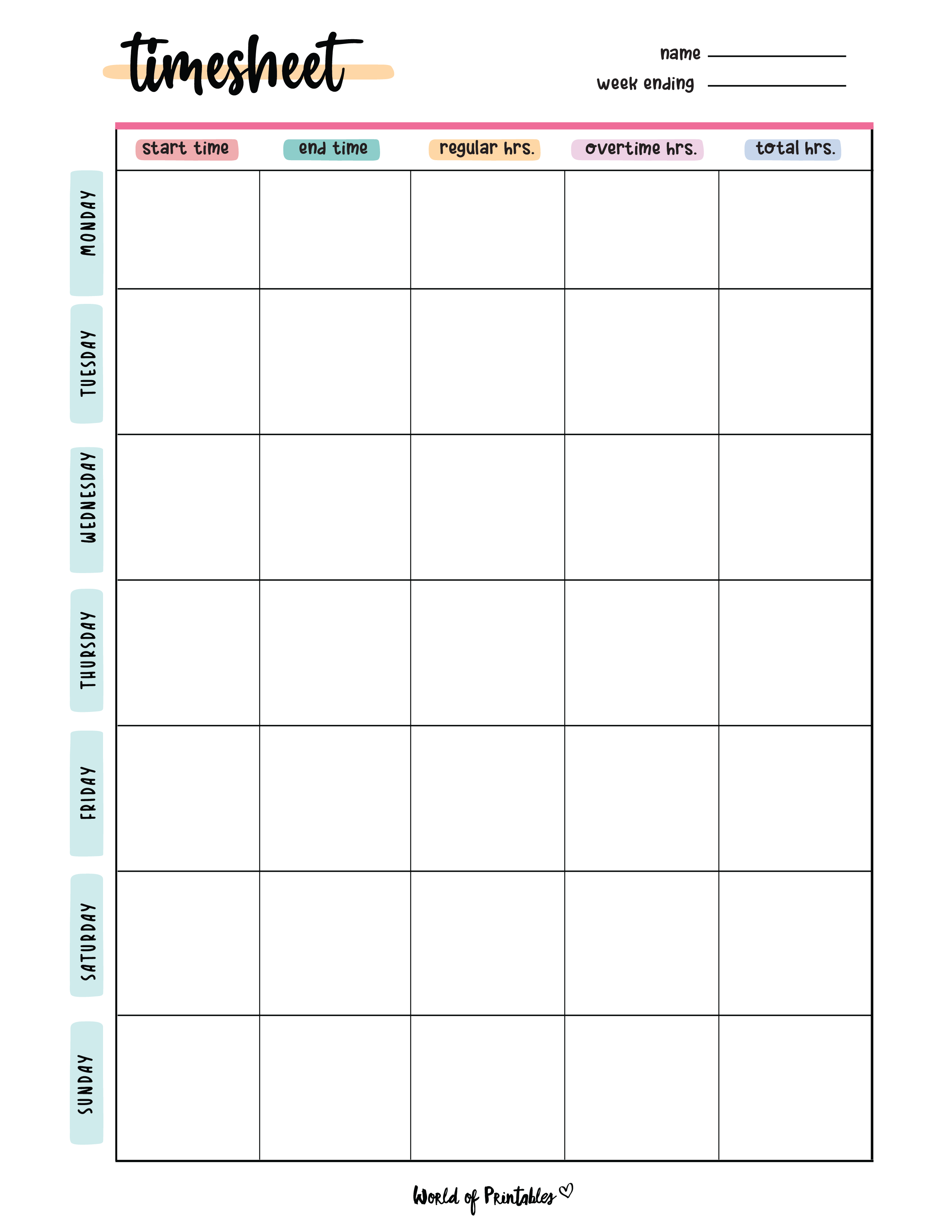 Free printable timesheets with lunch, Download Free printable