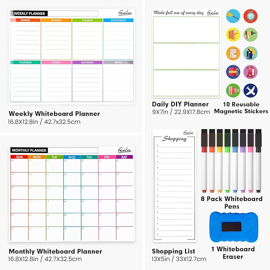 Feela Magnetic Weekly Planner Wipe-Clean, Pack of 4 Whiteborad ...