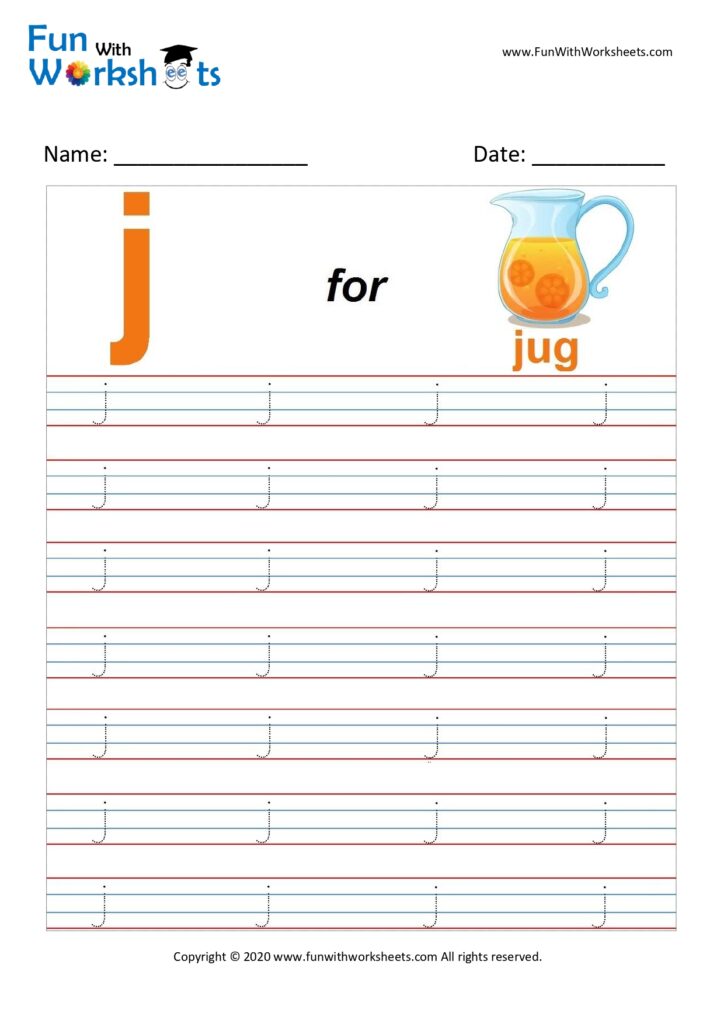 Trace Alphabets Small letter j - Free printable worksheets